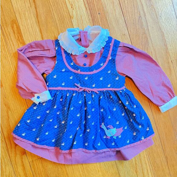 Vtg Blue Duckies Pinafore ApronOver Red and White Dress Peter Pan Collar 3t